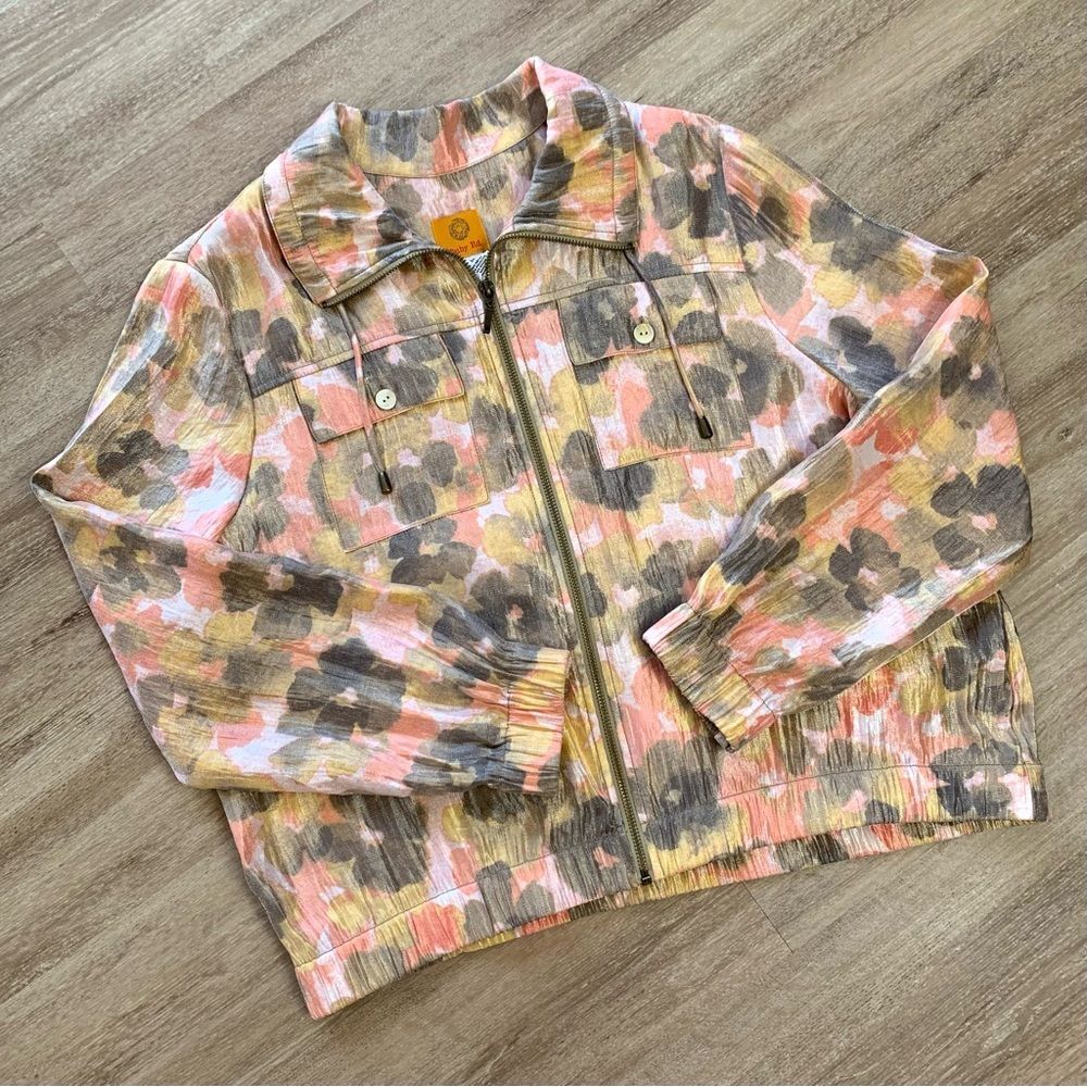 Ruby Rd Floral Lightweight Jacket Pink Green Button Front Size 14
